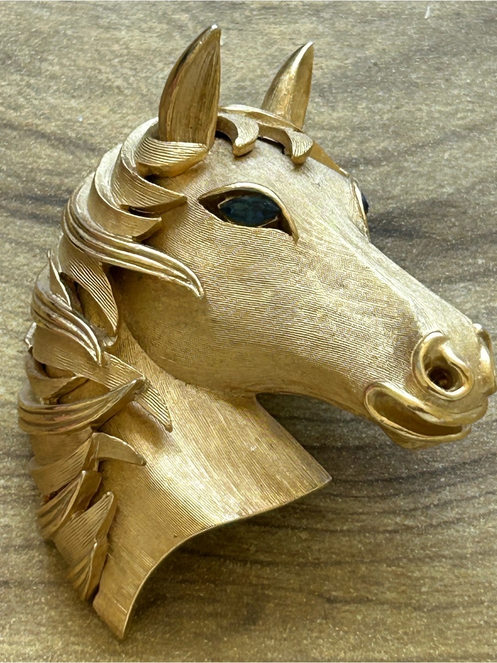 Trifari Gold Horse Head Brooch with Green Gem Eyes